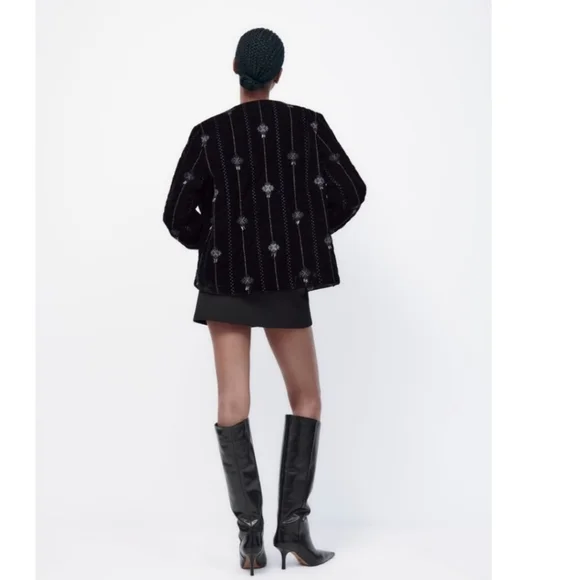 Black Velvet Embroidered Sequin Jacket Boho Geometric Size M